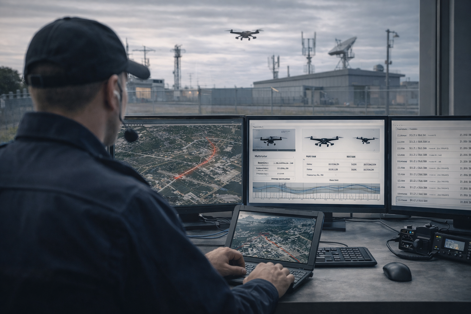Pantalla de identificación y seguimiento del dron con trayectoria y parámetros.